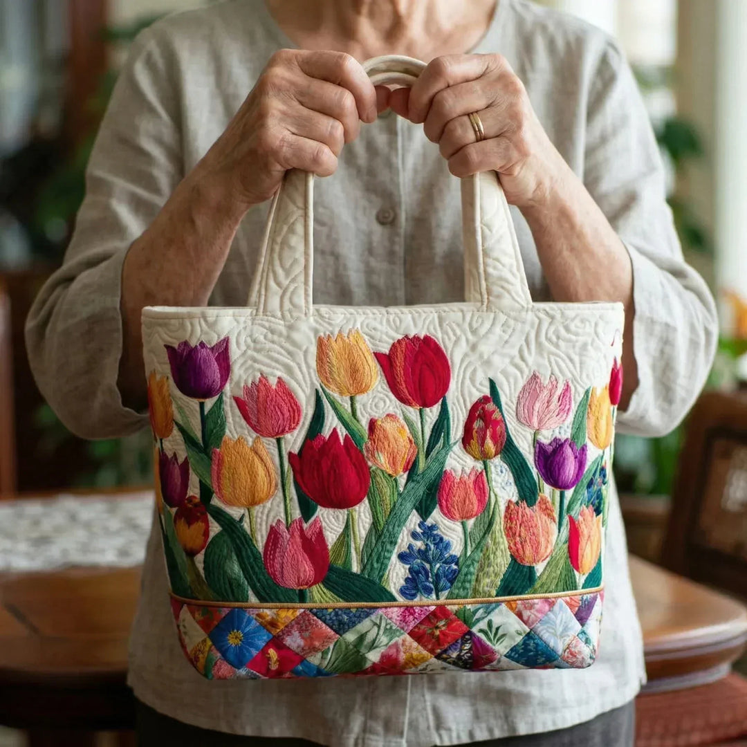 Sac à provisions matelassé fait main – Jardin de tulipes