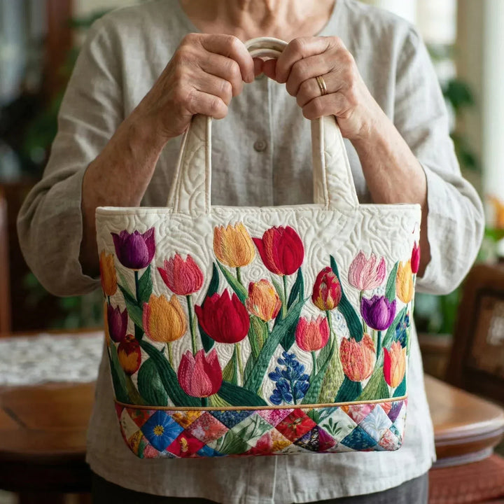 Sac à provisions matelassé fait main – Jardin de tulipes
